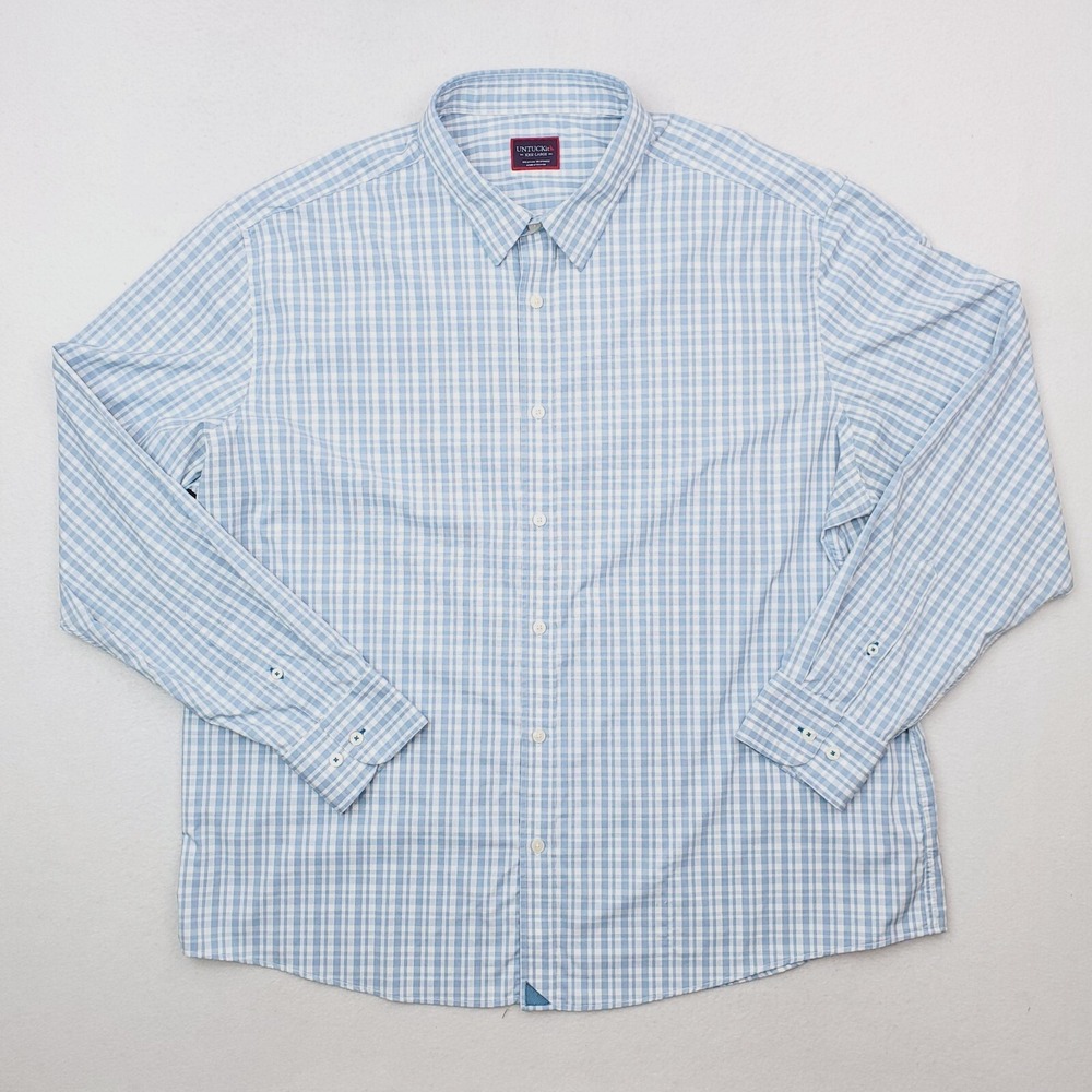 Untuckit Shirt Mens XXXL Blue Plaid St Romain Stretch Lightweight Regular Fit